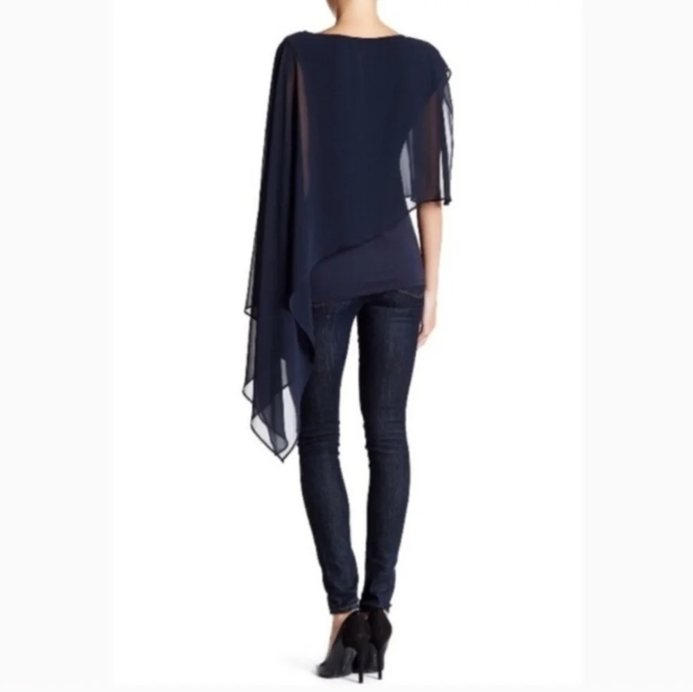 HAUTE HIPPIE DRAMATIC ASYMMETRICAL FLOWY CHIFFON OVERLAY SCARF TOP MIDNIGHT BLUE - Picture 3 of 9